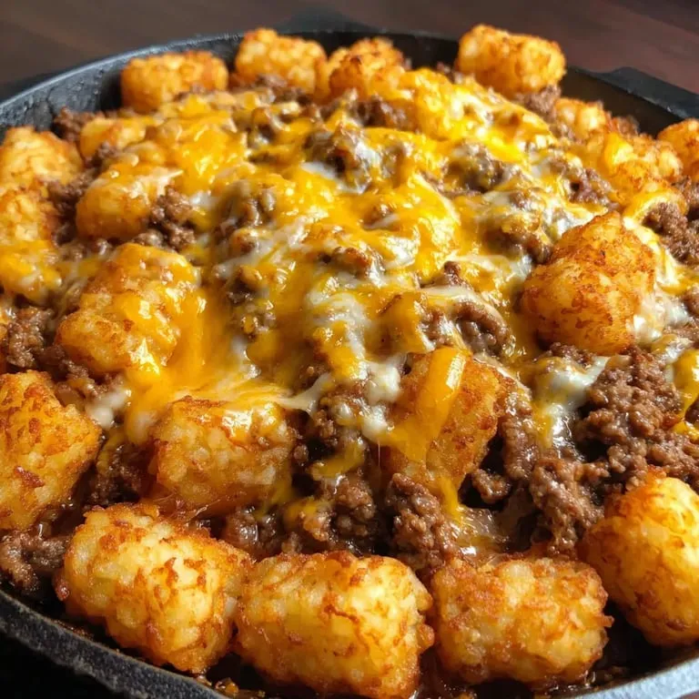 A pan loaded with tater tots on top of saucy meat and cheese.