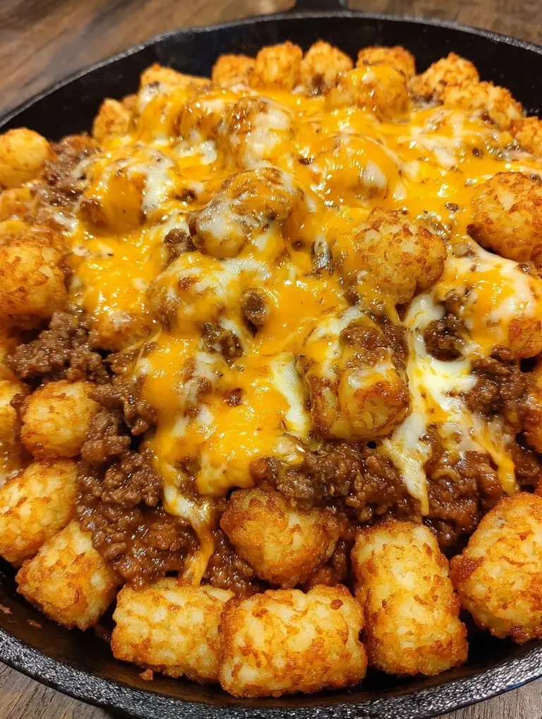 A bowl loaded with golden tots and melted cheese.