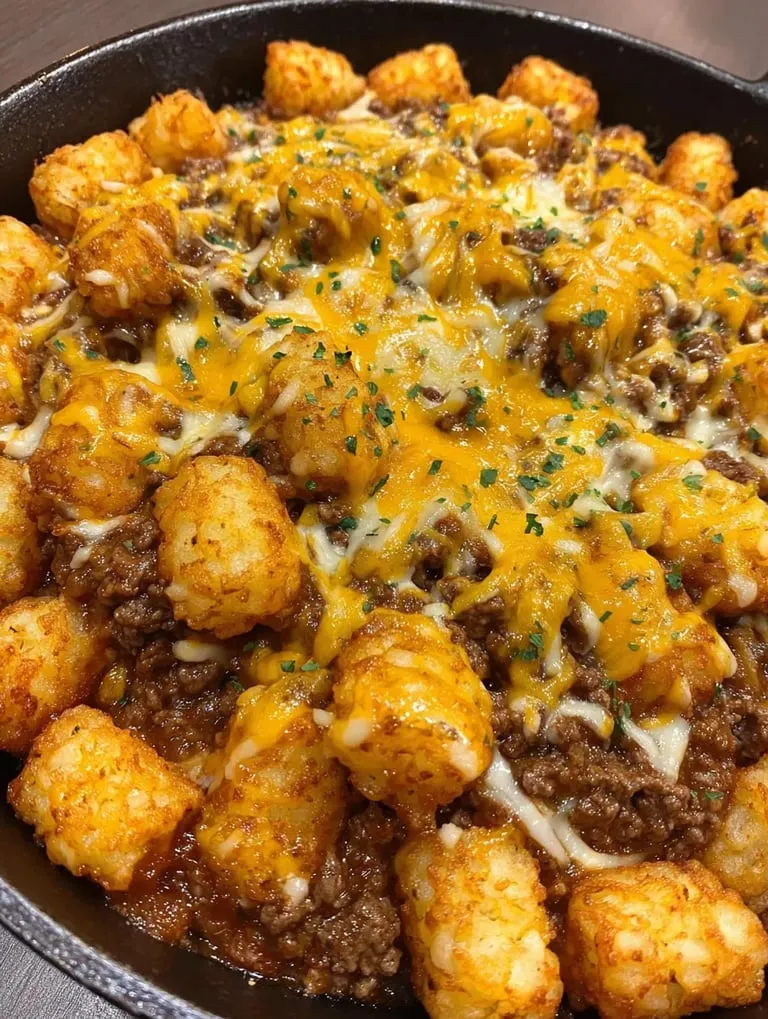 Zoomed in on a mouthwatering cheesy tater tot bake.