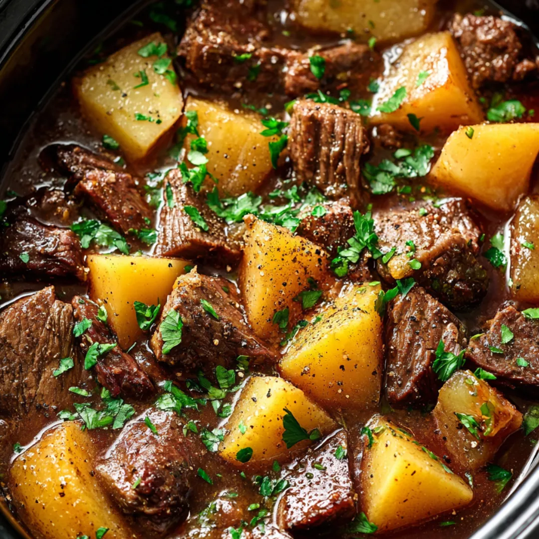 A bowl of beefy stew with potatoes and sprinkles of green onion.