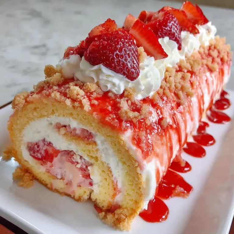 Cake swirled with strawberries and clouds of whipped cream.