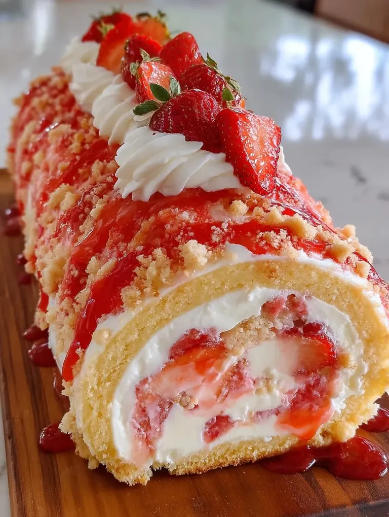A sponge roll topped with strawberries.