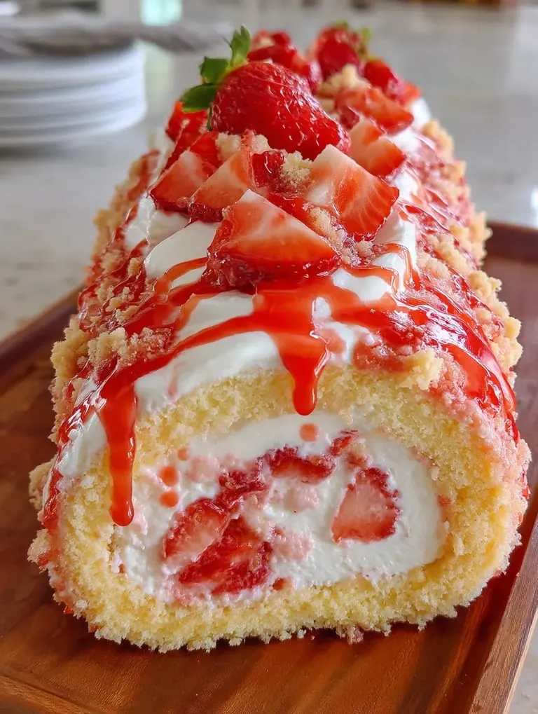 Dessert roll with whipped cream and berries.