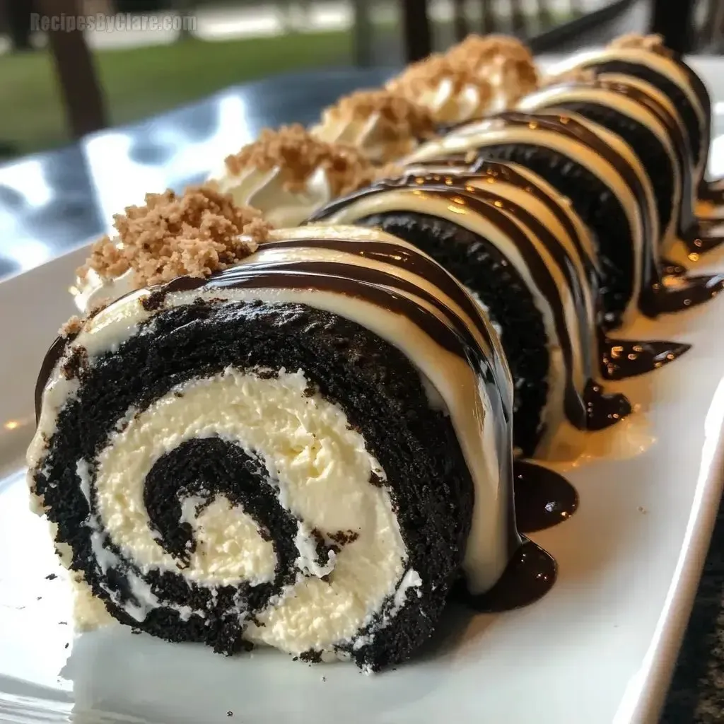 Sliced chocolate roll stuffed with Oreo cream on a plate.