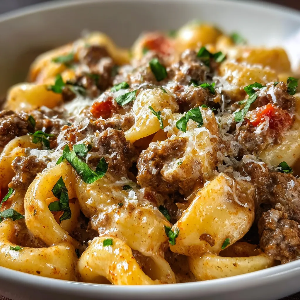 Bowl of cheesy pasta with beef pieces