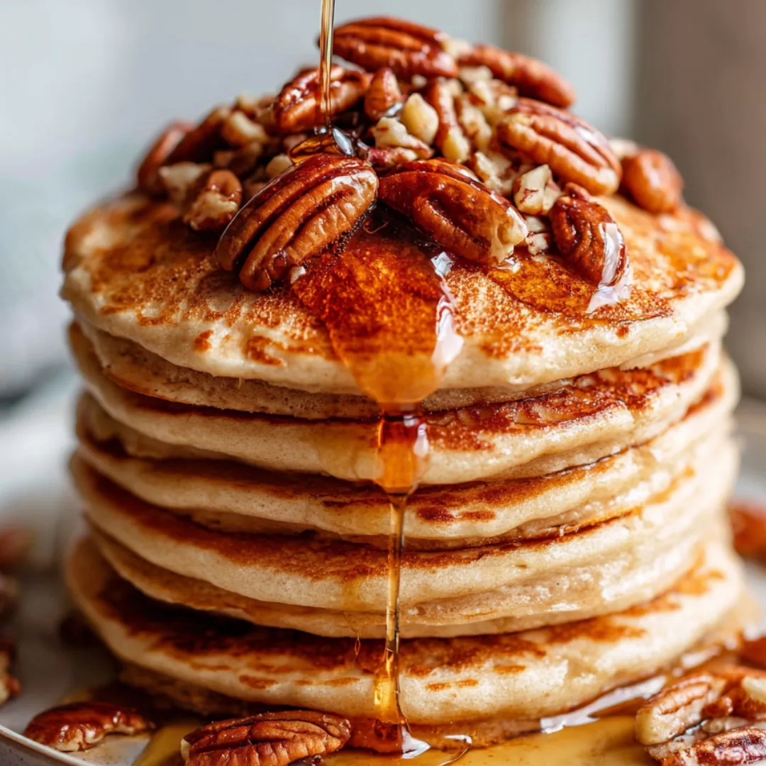 A tower of pancakes covered with syrup.