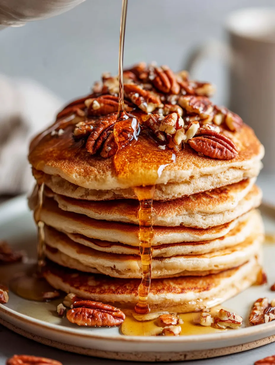 A tall stack of pancakes dripping with syrup.