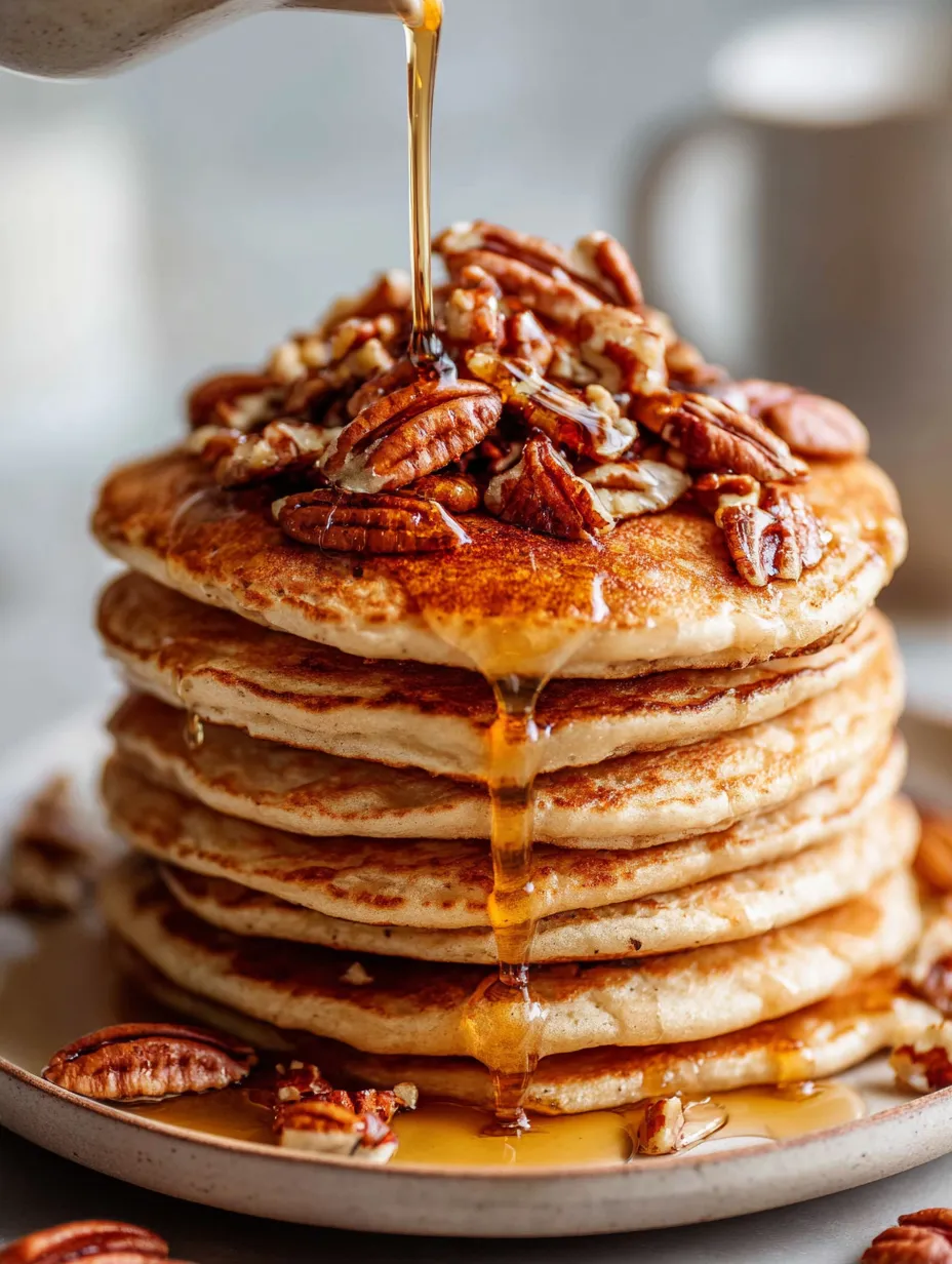 Pancakes stacked high with syrup drizzling on top.