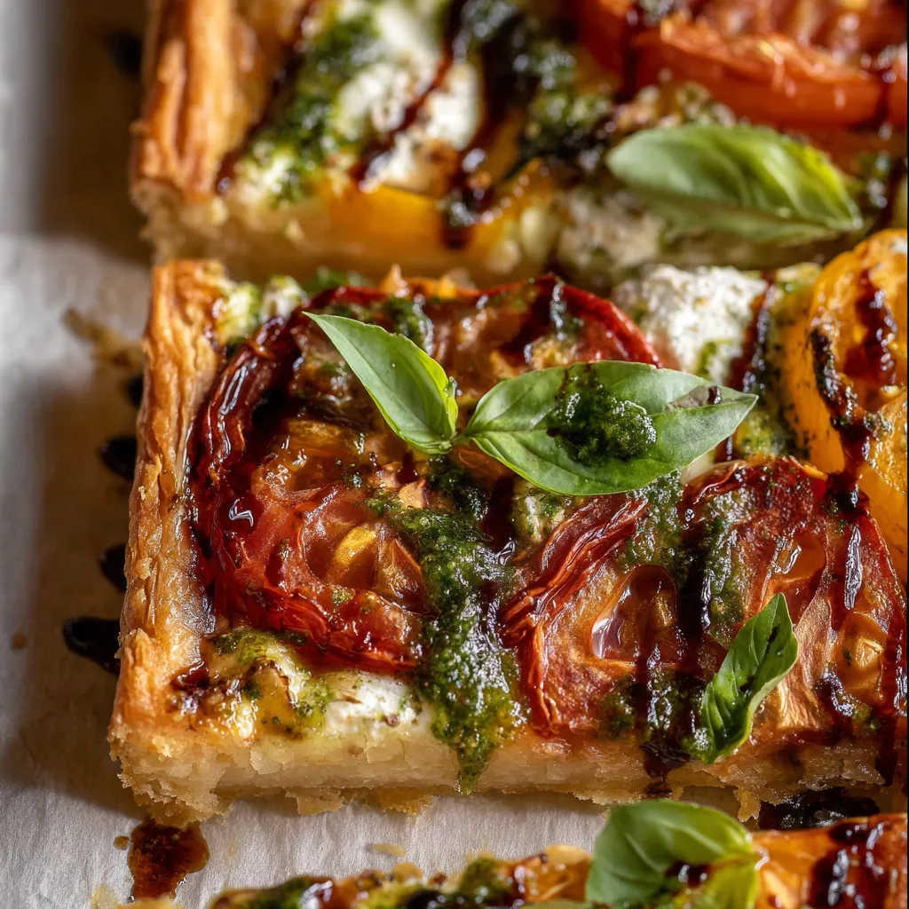 Slice of pizza topped with basil and tomatoes
