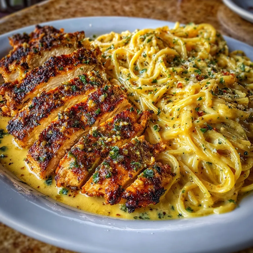 A plate of chicken and pasta.