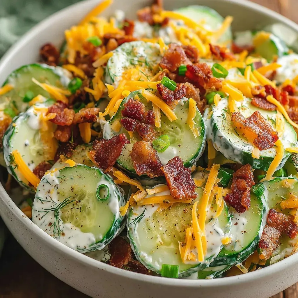 Bowl with bacon bits and sliced cucumbers