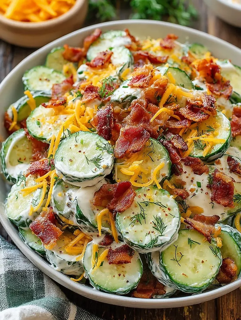 Food piled with bacon and golden cheese on a plate.