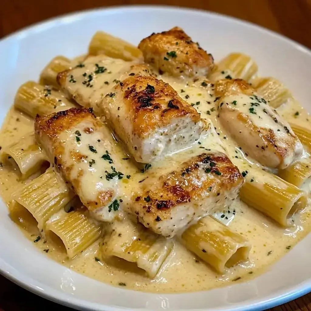 Pasta plate topped with chicken pieces.
