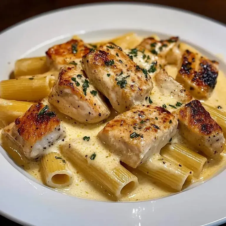 A plate with chunks of chicken and rigatoni pasta in sauce.