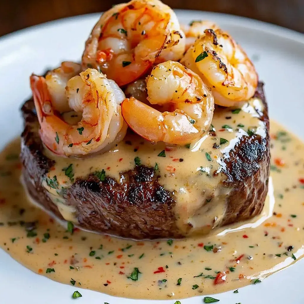 Shrimp and steak with creamy white sauce on a plate.
