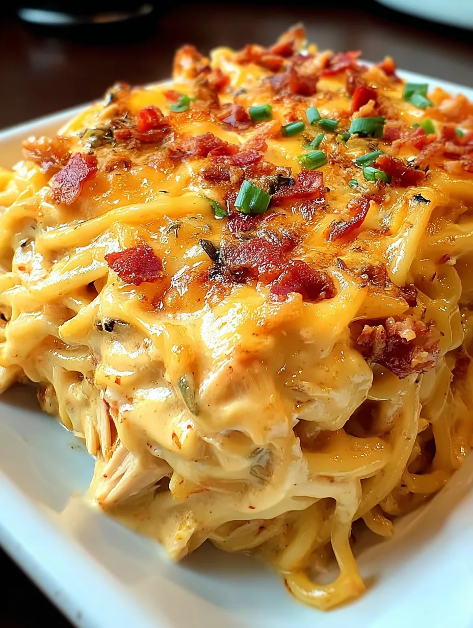 A plate with layers of cheese and bacon over pasta.