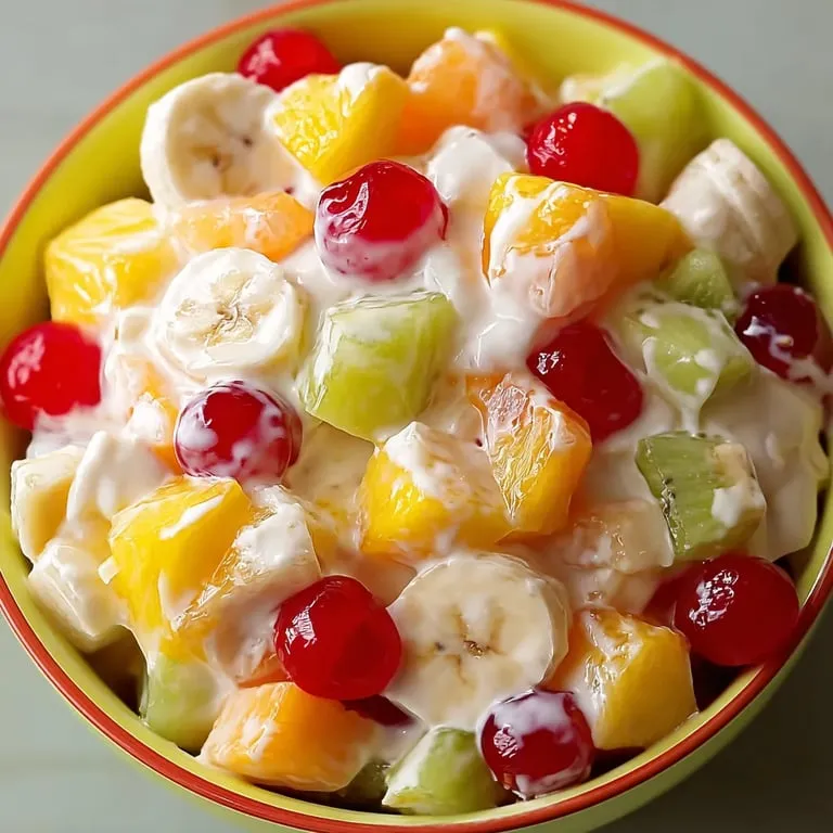 Bowl with pineapple, bananas, and cherries in it.