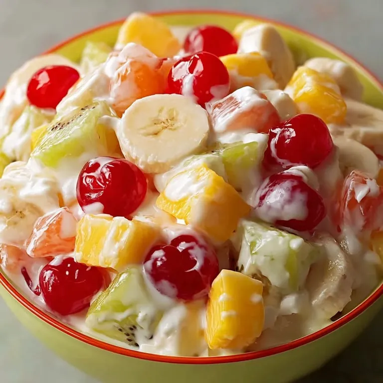 Fruit salad with bright bananas, strawberries, and kiwi chunks.