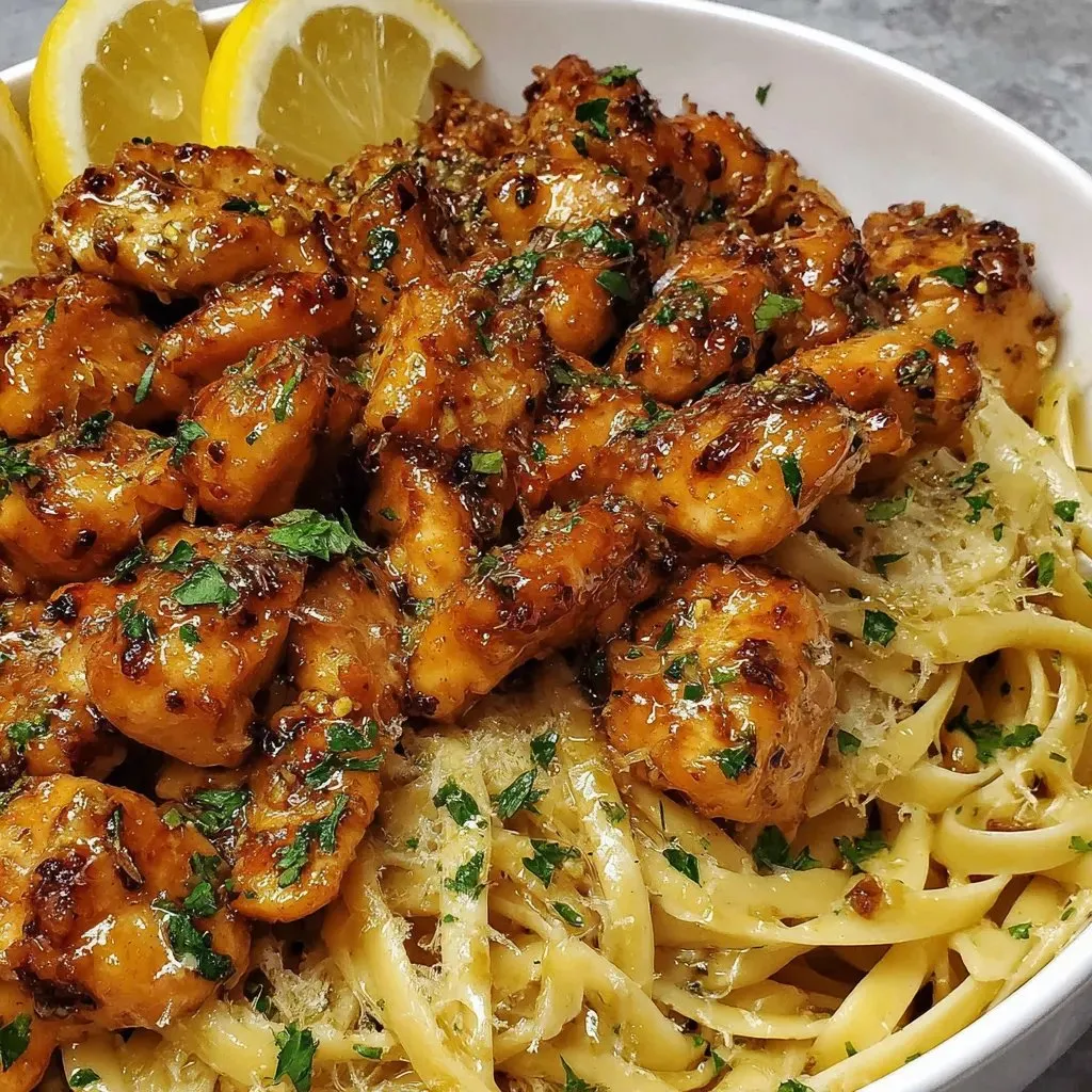 Chicken served with pasta and lemon slices in a bowl.