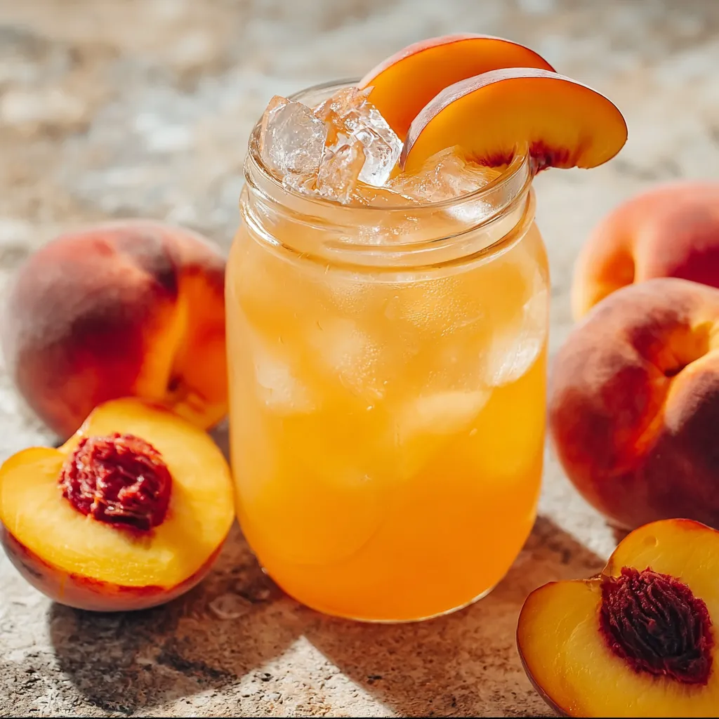 Glass of peach juice with slice of peach on top