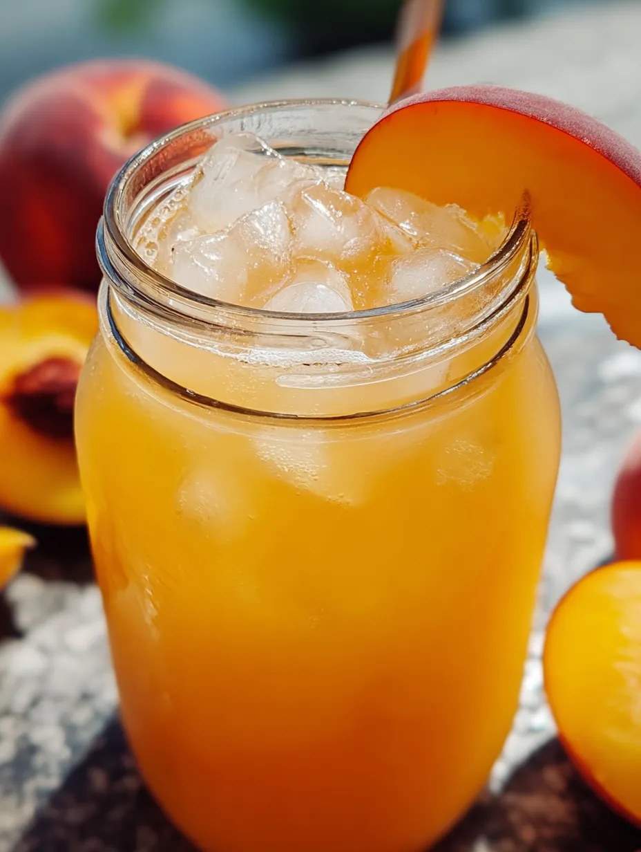 A chilled glass of peach juice with a peach wedge inside.