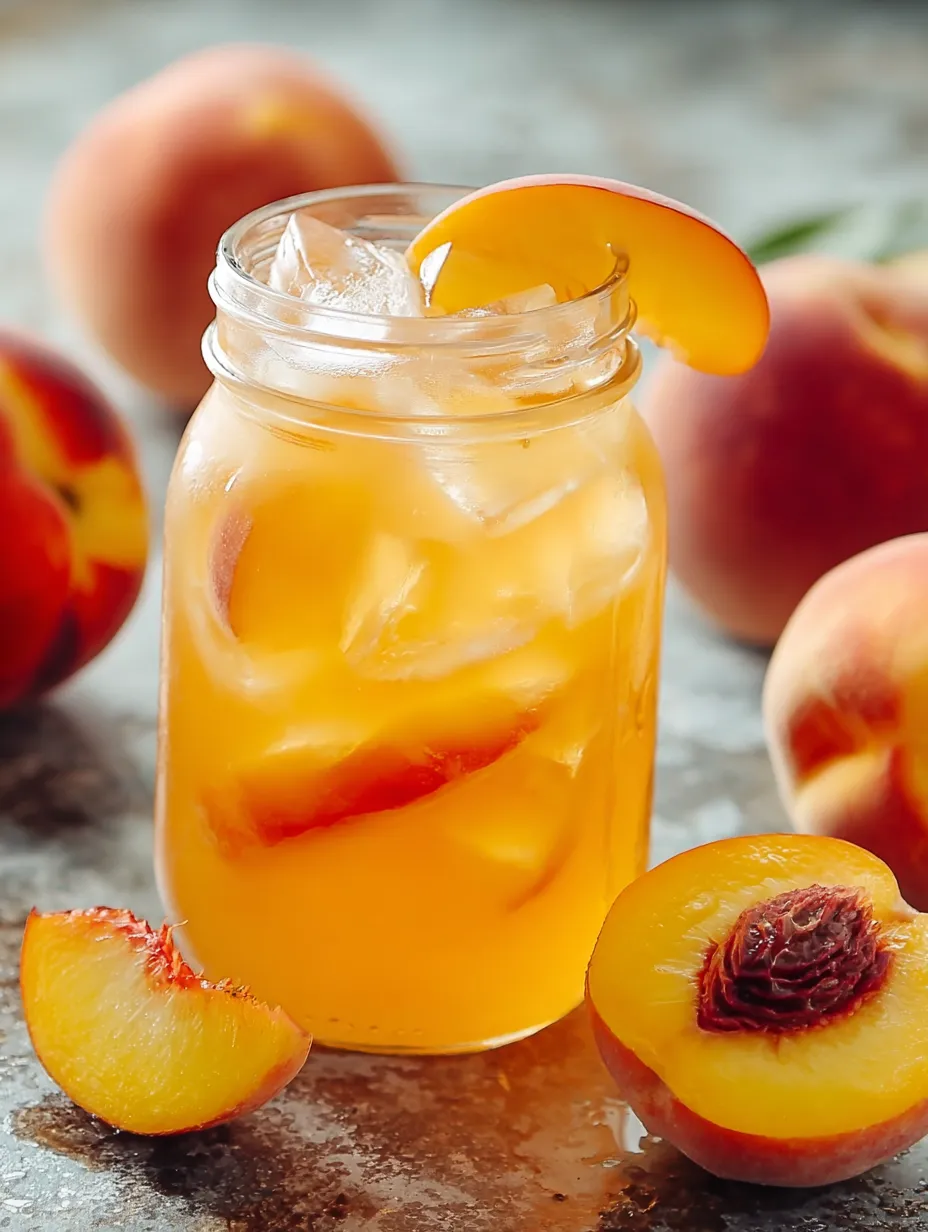 A glass filled with peach juice and a wedge of peach resting inside.