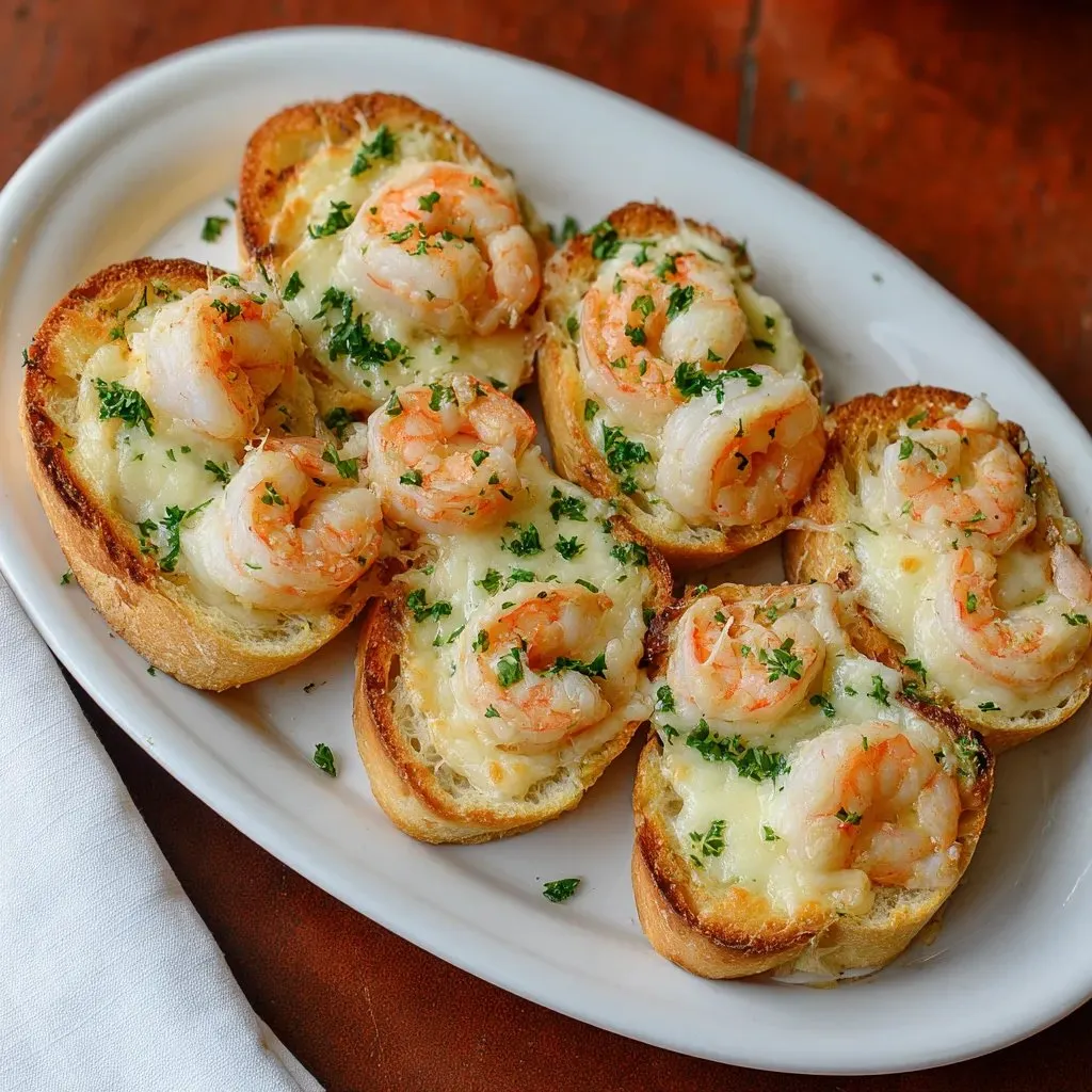 Toast topped with shrimp and melted cheese on a plate.