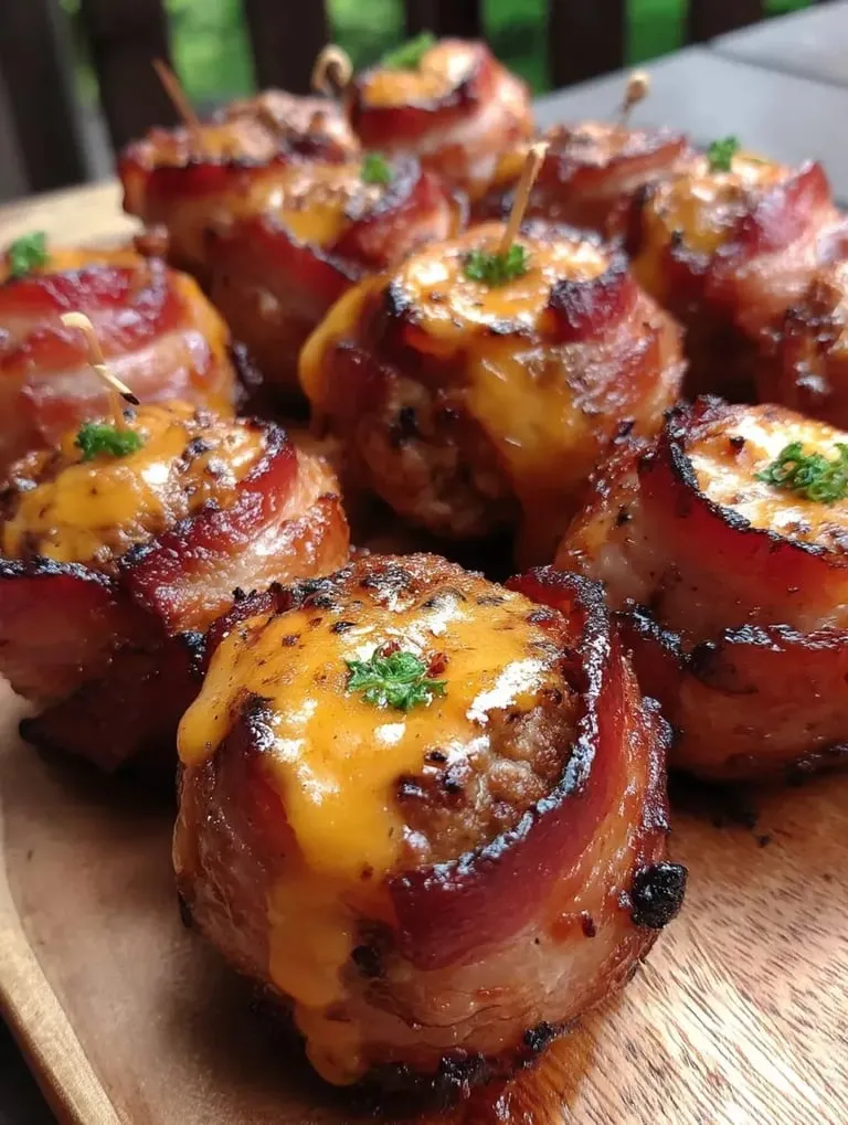 Meatballs bundled in bacon on a wood table.