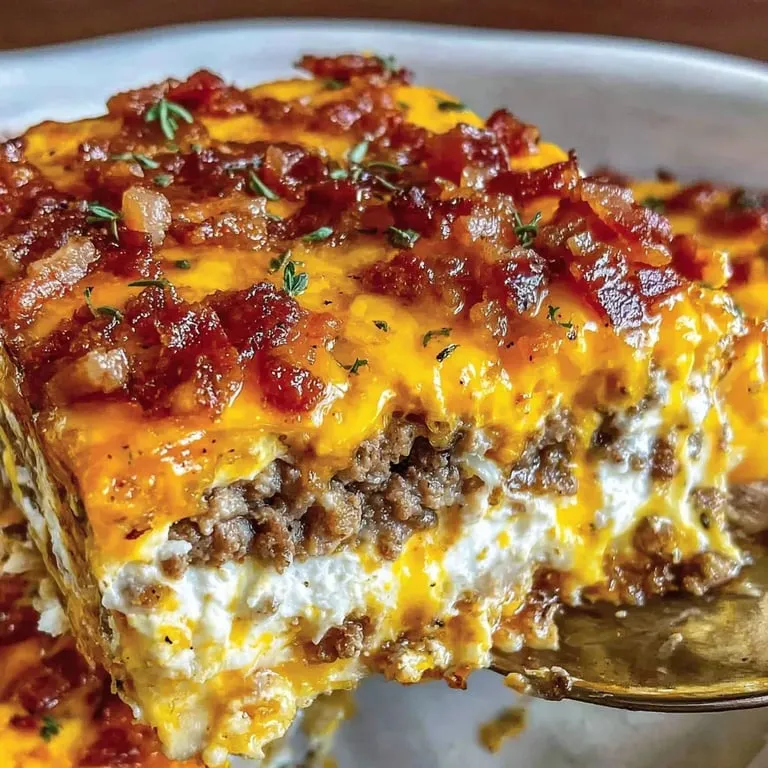 A piece of cheesy bacon casserole.