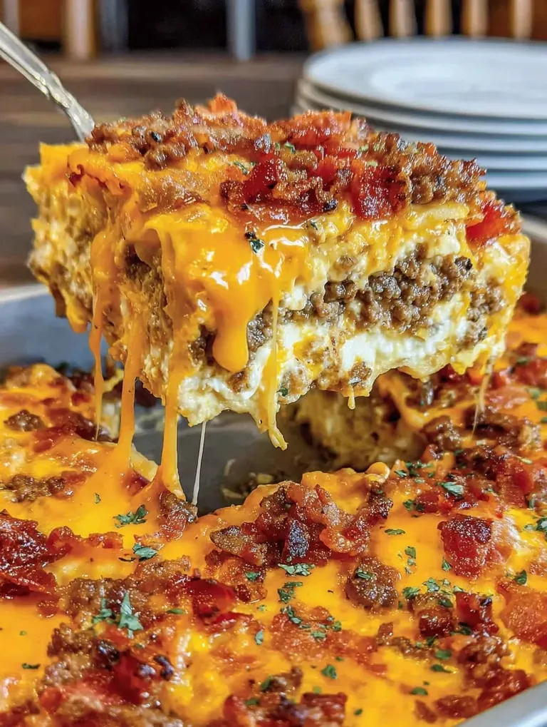 A cheesy bacon slice, fresh from the oven.