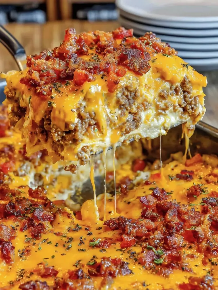 Cheesy bacon bake up close, bubbling fresh.