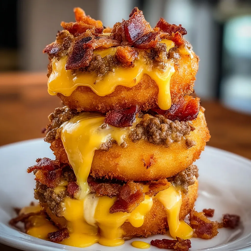 Stacked bacon cheeseburger onion rings on a plate.