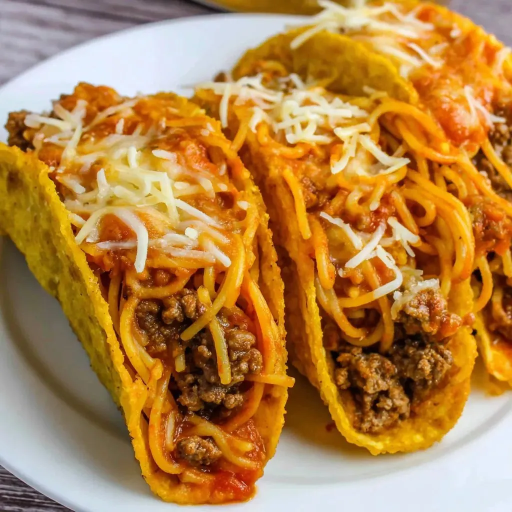 Plate holding two tacos filled with meat and cheese.