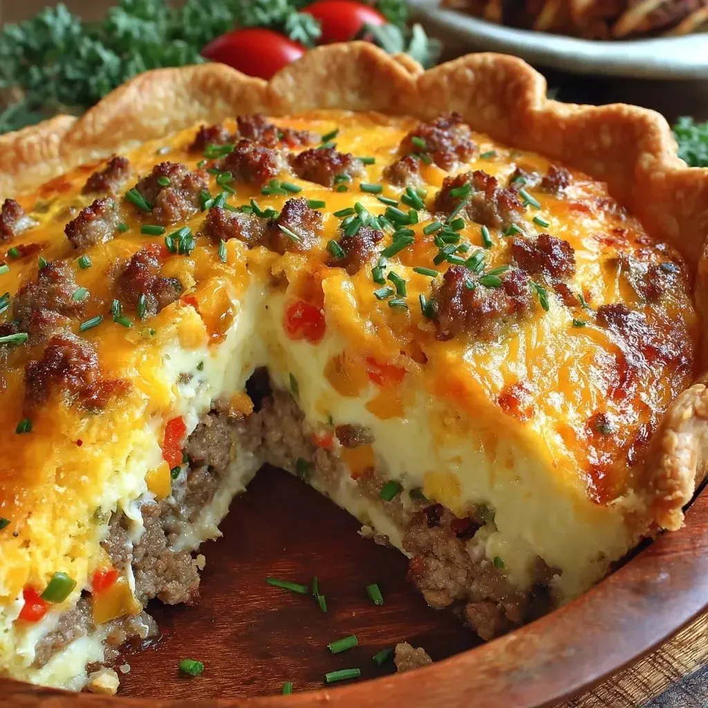 Slice of pie loaded with meat and cheese.
