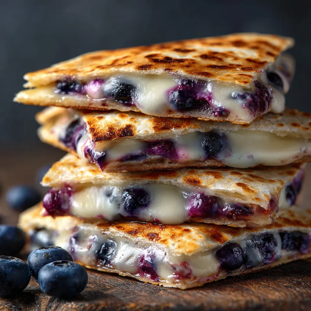 Slices of blueberry cream cheese quesadillas stacked together.
