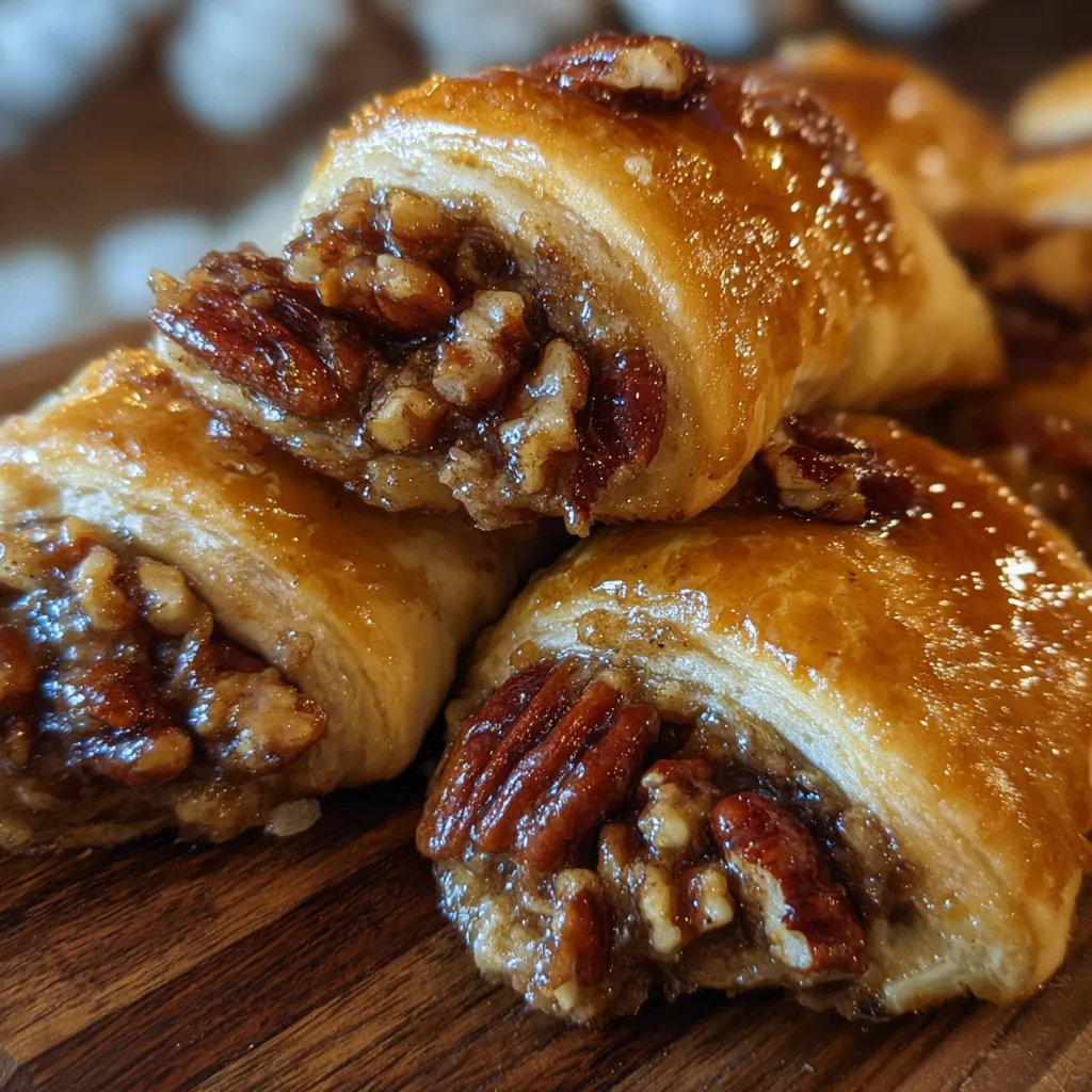 Close view of a golden crescent pastry with gooey pecan filling.