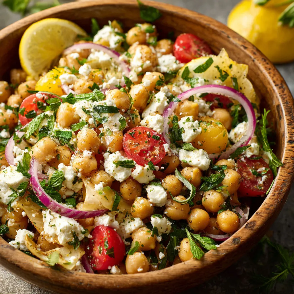 A bowl with veggies and feta cheese.