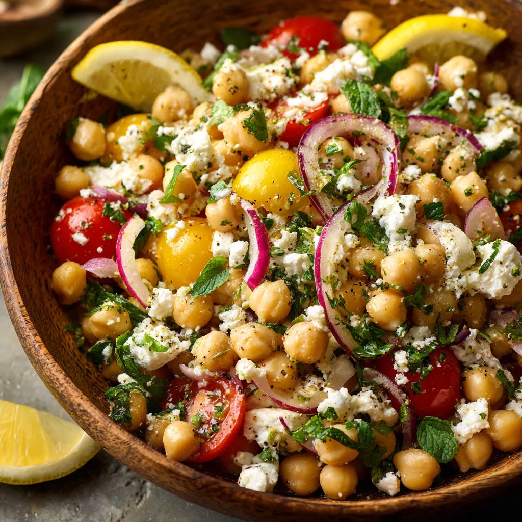 A bowl packed with chickpeas, tomatoes, onions, and slices of lemon.