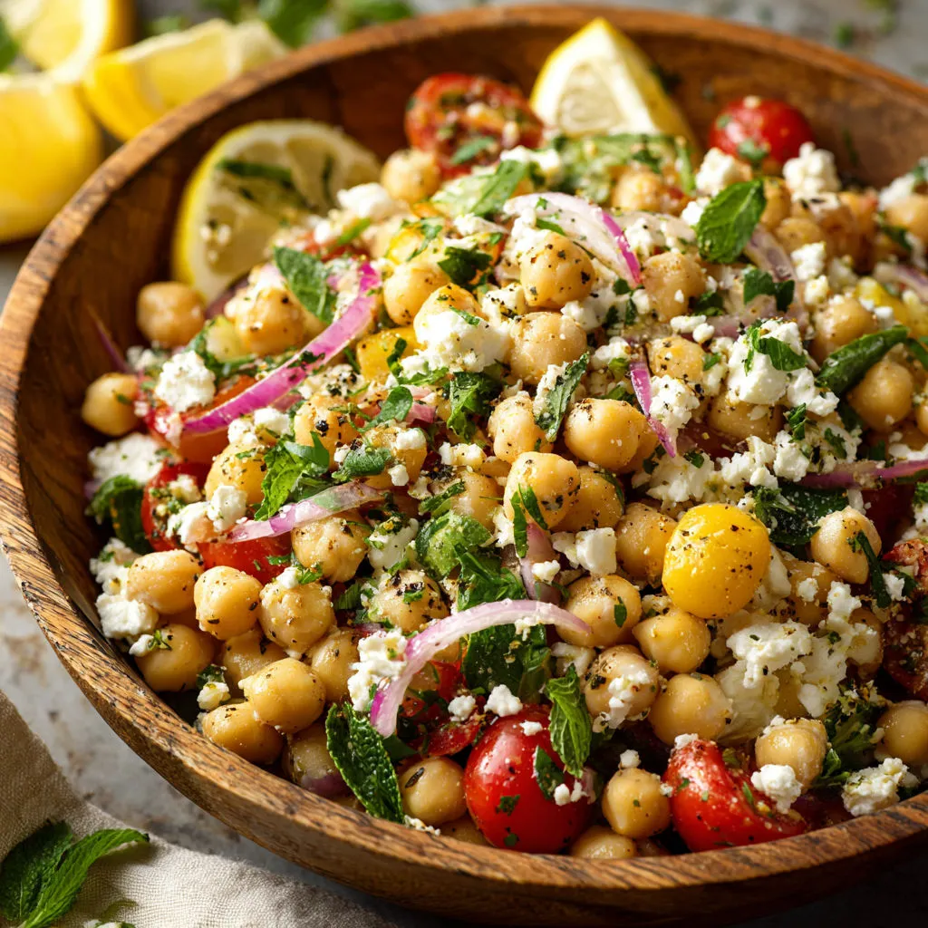 A bowl of colorful veggies with chickpeas, onions, and tomatoes.