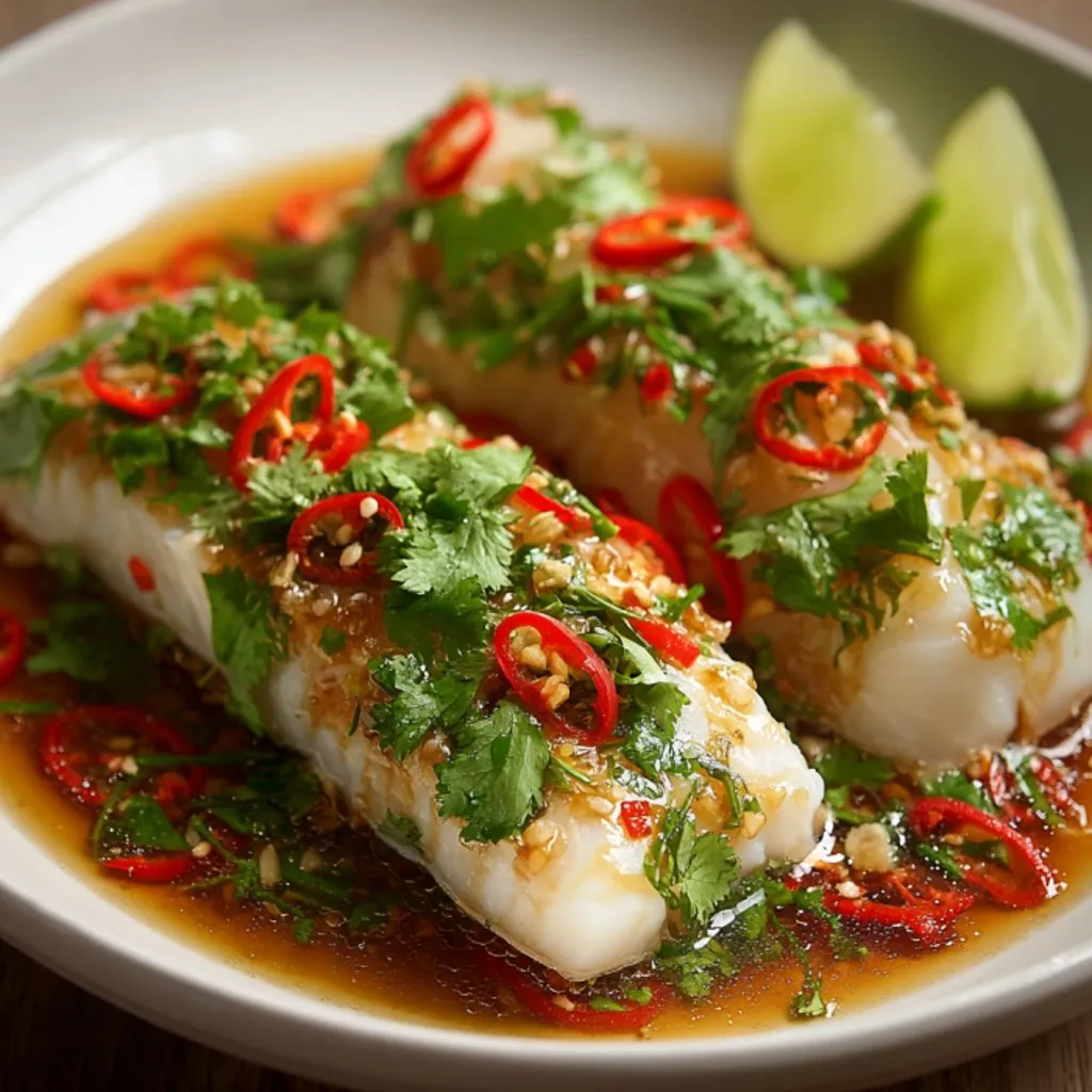Dish with fish and colorful peppers on a plate.