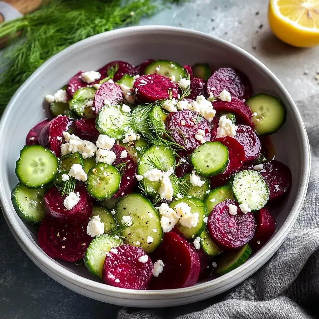 A bowl holding cucumbers, beets, and radishes mixed together.