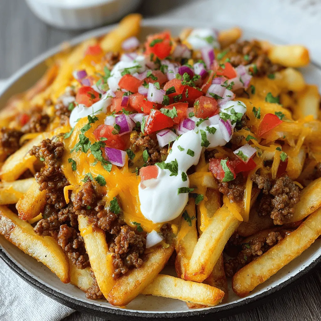 A plate with cheese and tomatoes scattered on fries and beef.