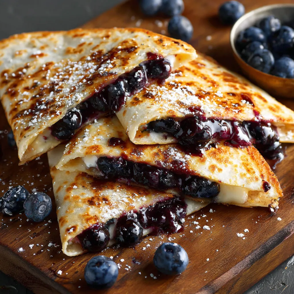 A tall pile of blueberry crepes on rustic wood.