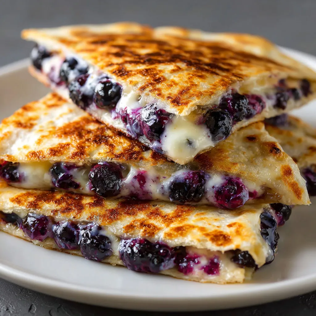 Blueberry pancakes stacked high on a table.