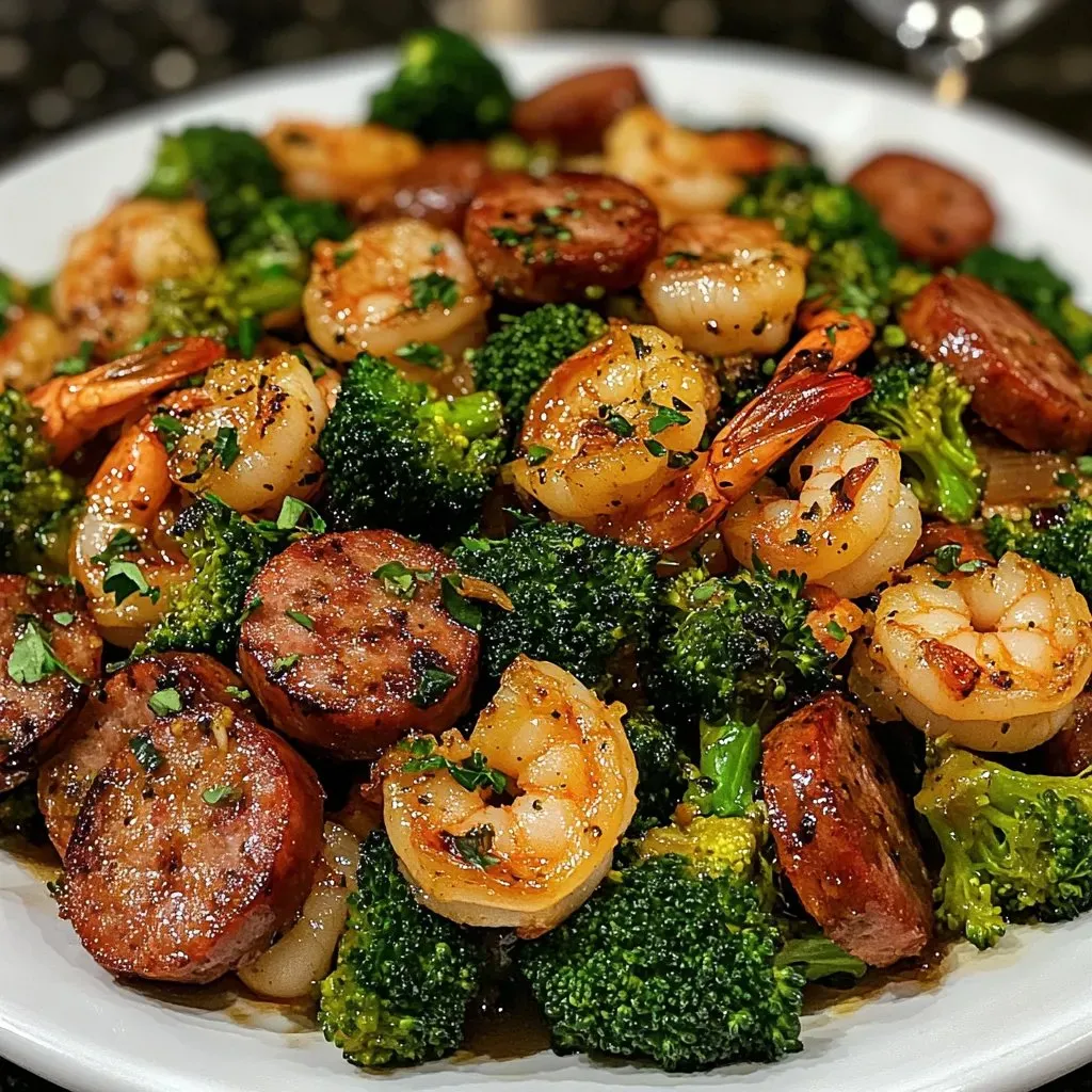 Plate with shrimp, sausage, and broccoli