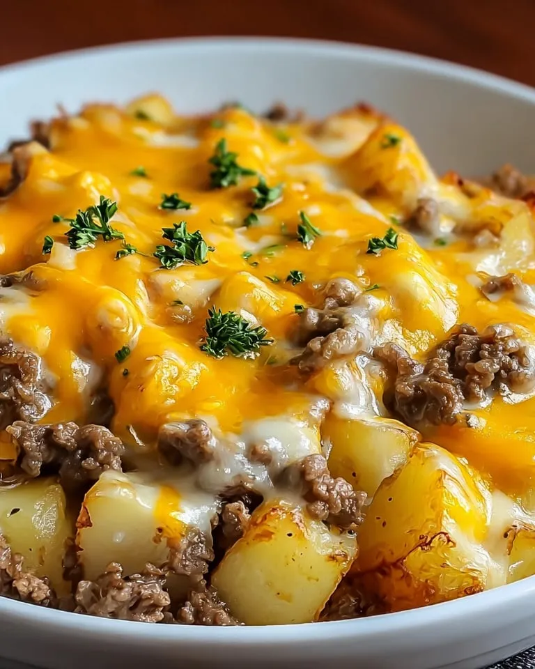 A bowl full of cheesy potatoes and ground beef.