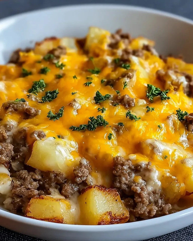 Big bowl of cheesy beef and potatoes.