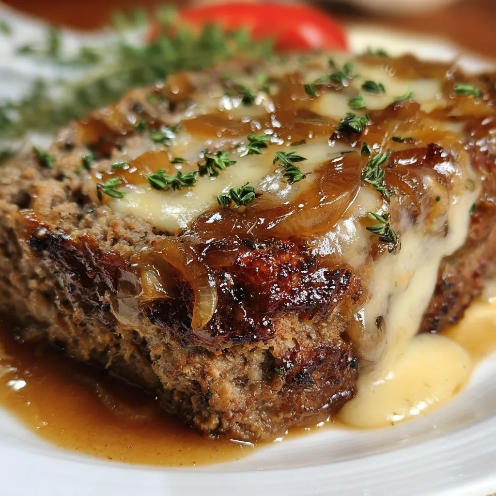 Plate with cheese-covered meatloaf and onions
