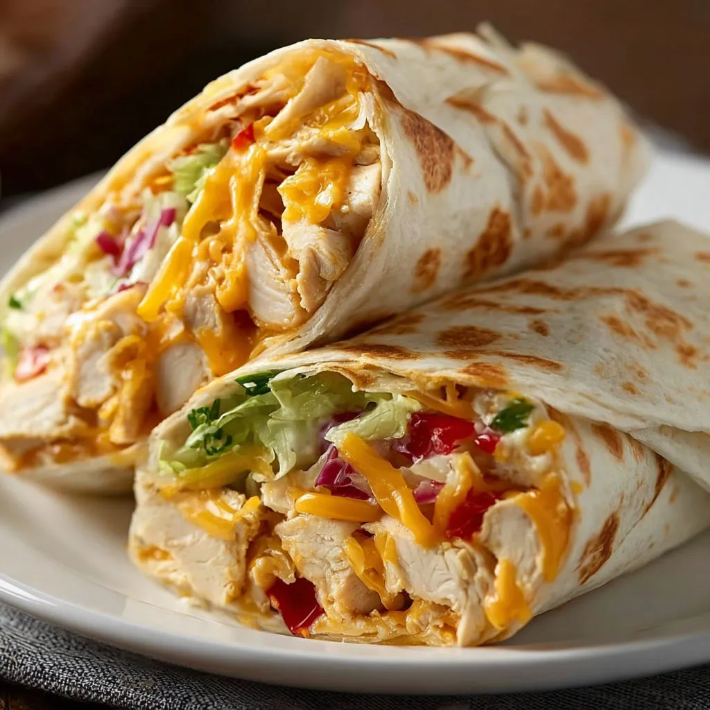 Plate holding two wraps filled with chicken.