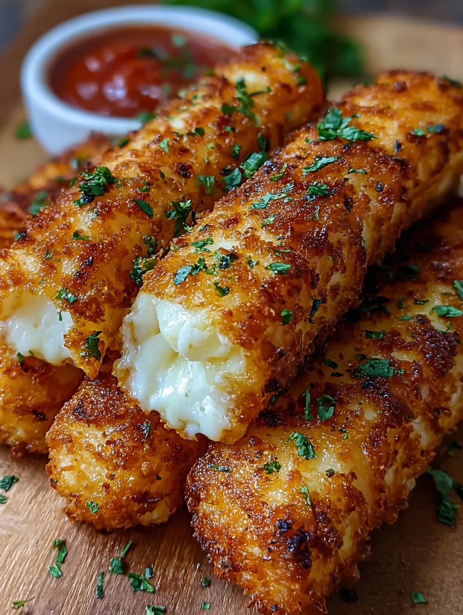 Plated mozzarella sticks with dipping sauce.